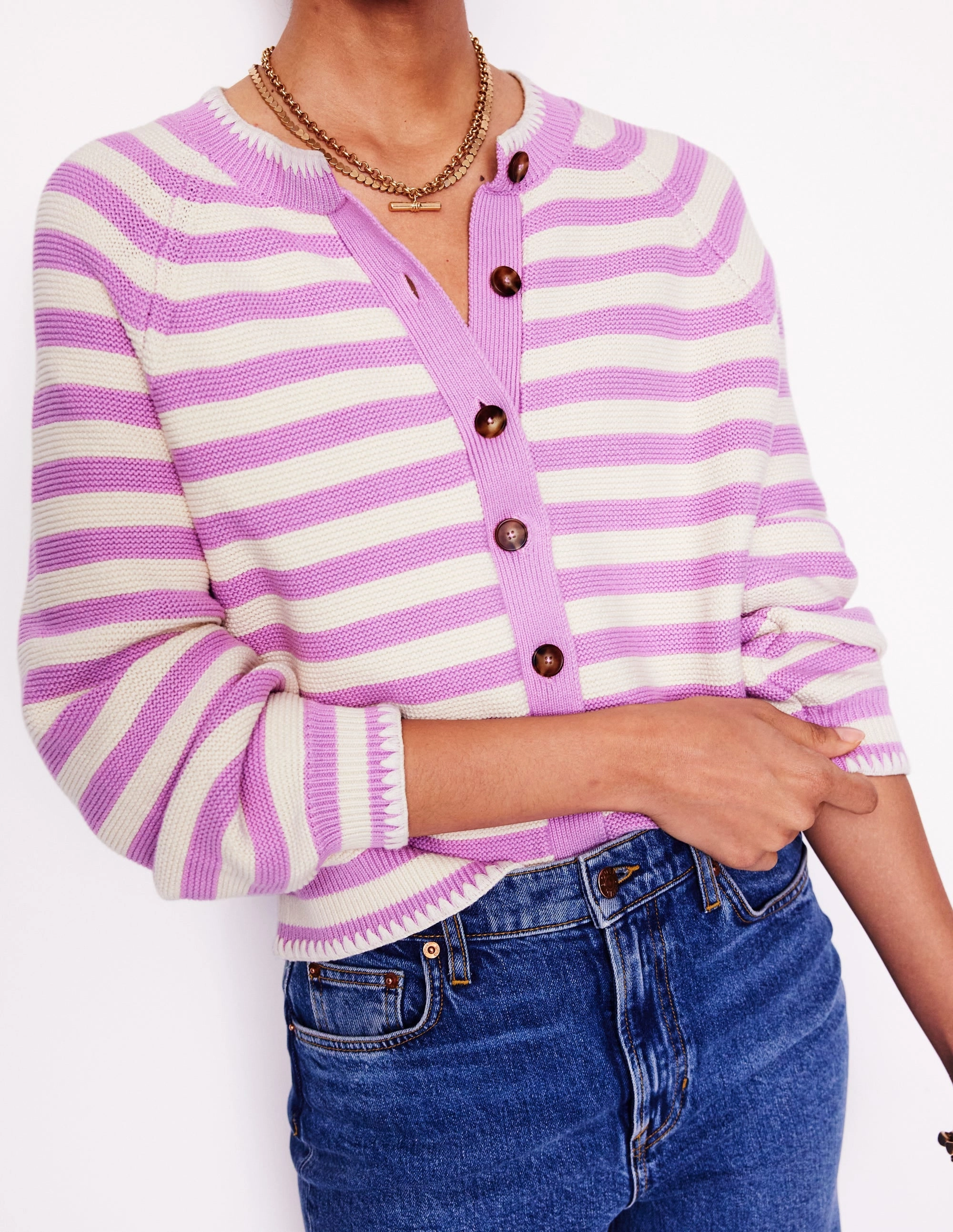 Lightweight insulation Lena Stitch Detail Cardigan-Soft Lavender and Ivory Stripe