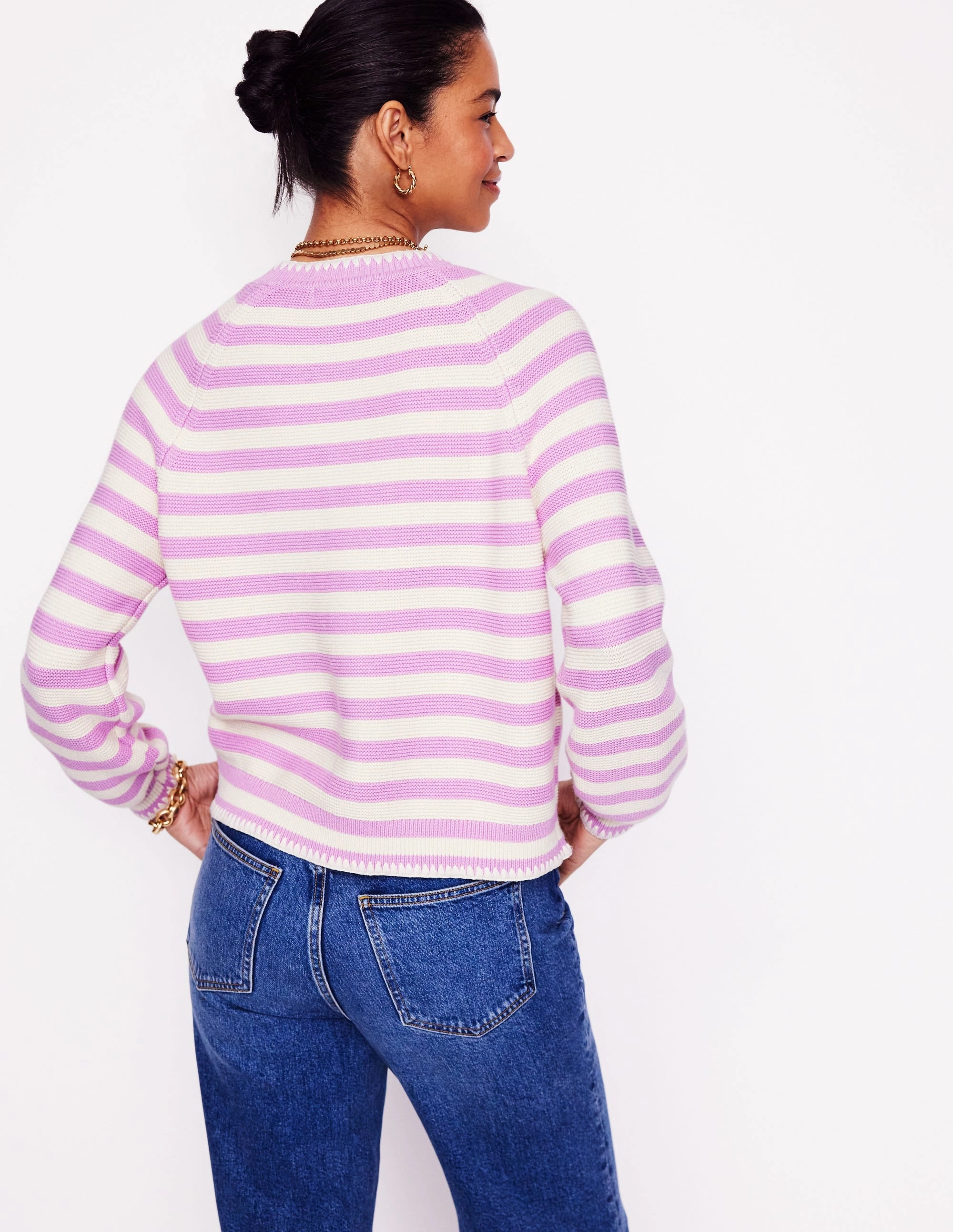 Lena Stitch Detail Cardigan-Soft Lavender and Ivory Stripe Odor Resistant Walk In Park