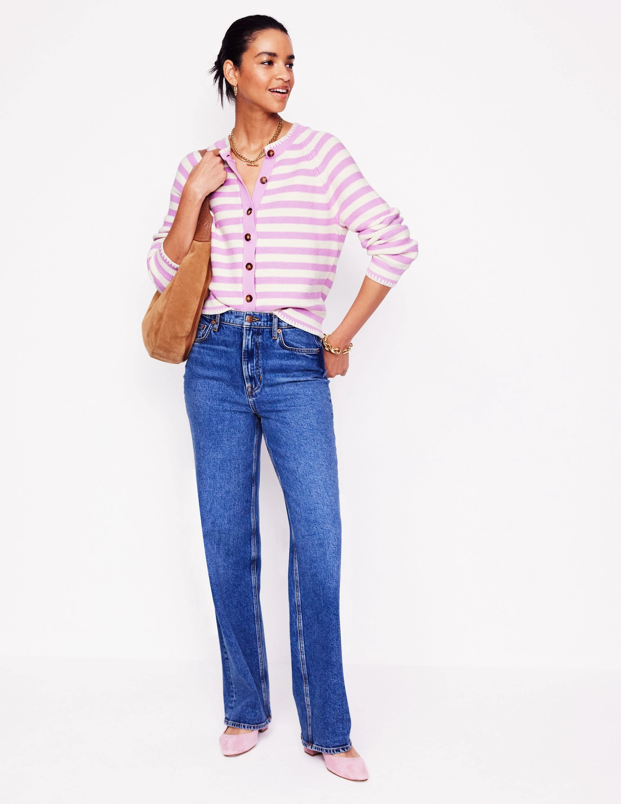 Lena Stitch Detail Cardigan-Soft Lavender and Ivory Stripe Clean Style