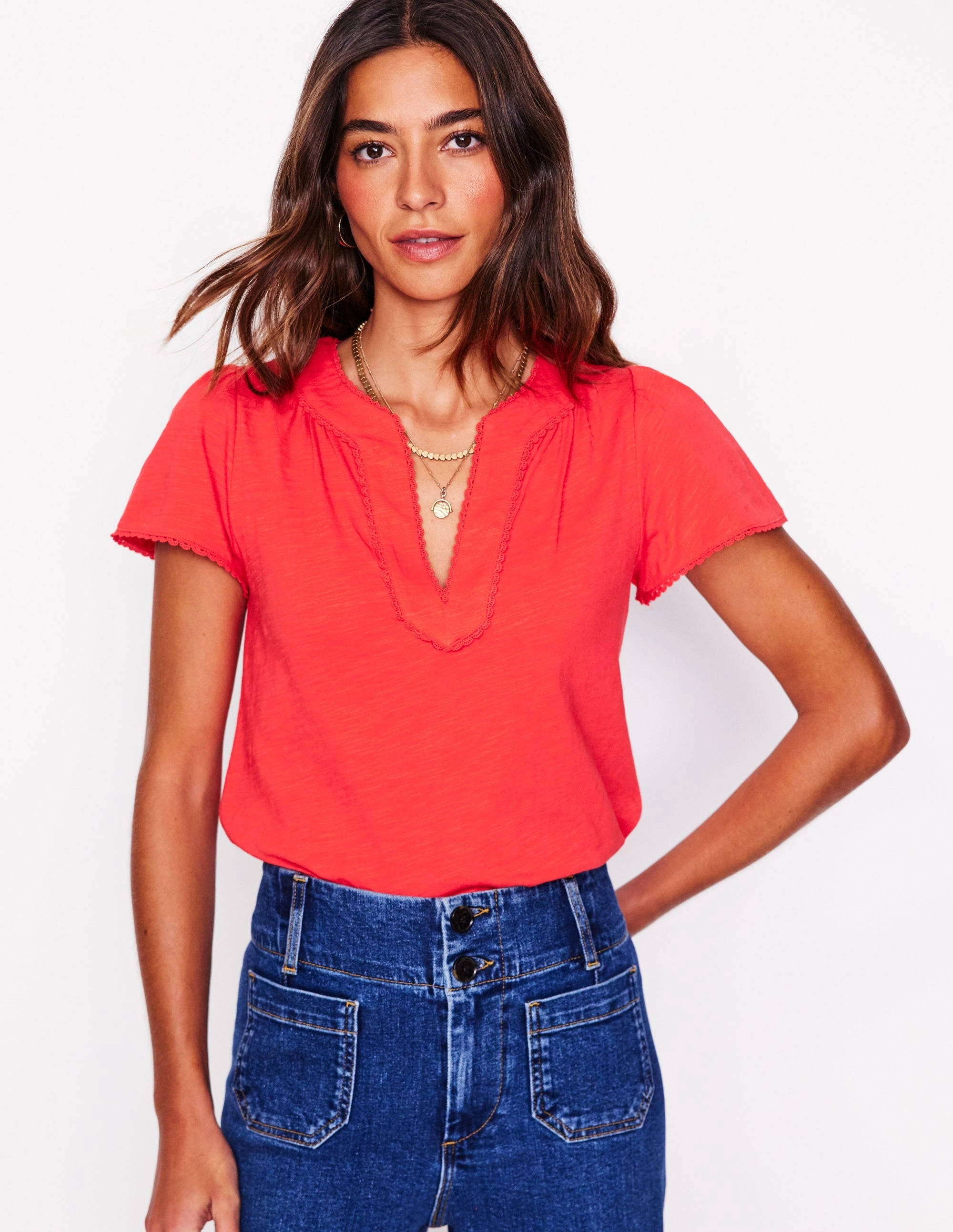 Ribbed Hem Ava Short Sleeve Top-Jam Red