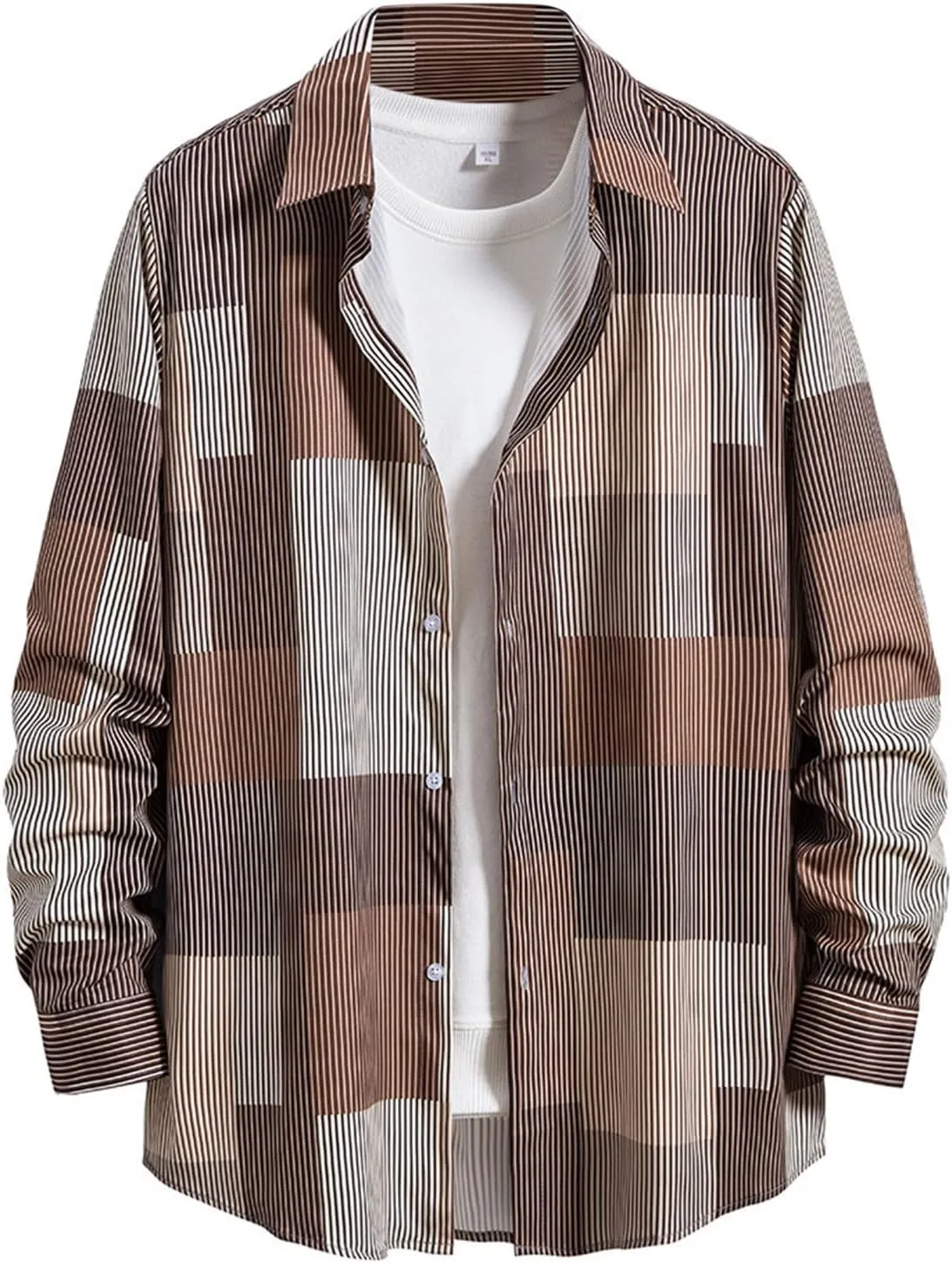 Winter Coat Men Plaid Square Printing Lightweight Breathable Long Sleeve Lapel Formal Shirt Shirt Plaid Cotton