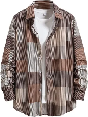 Winter Coat Men Plaid Square Printing Lightweight Breathable Long Sleeve Lapel Formal Shirt Shirt Plaid Cotton