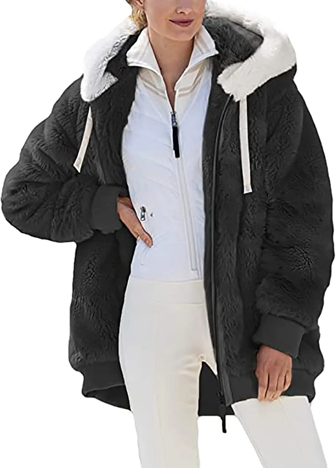 Winter Coats for Women Plus Size Fuzzy Fleece Jacket Hooded Fluffy Sherpa Hoodie Shaggy Warm Cardigan Coat Outerwear