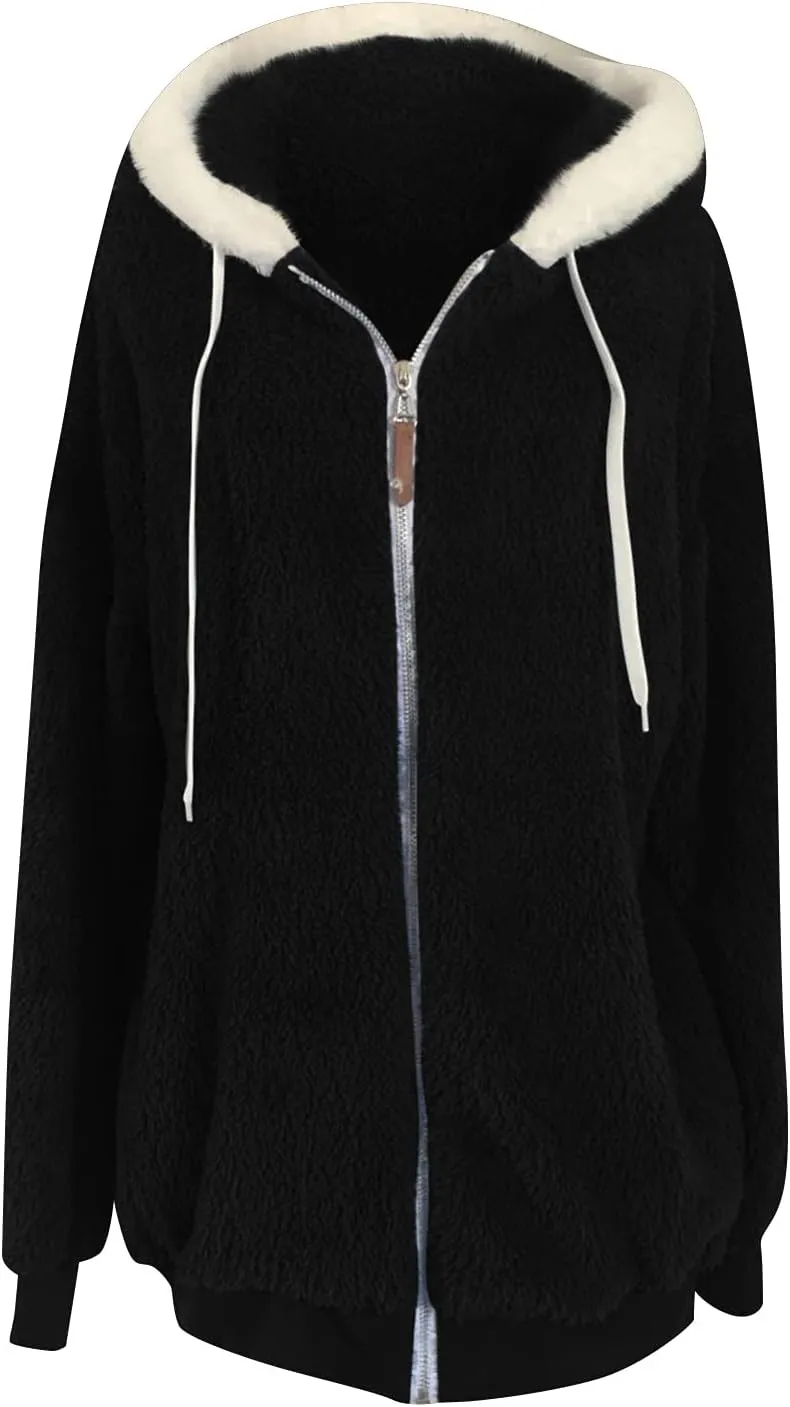 Winter Coats for Women Plus Size Fuzzy Fleece Jacket Hooded Fluffy Sherpa Hoodie Shaggy Warm Cardigan Coat Outerwear