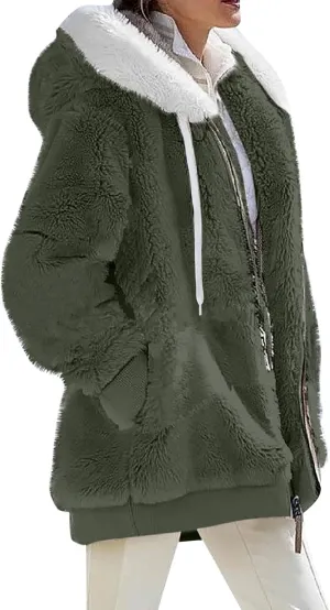 Winter Coats for Women Y2k Clothes Fleece Jacket Women Full Zip Up Hoodie Abrigos De Mujer Invierno En Oferta Fuzzy Sherpa Jacket Thick Warm Clothes Holiday Tops for Women Fashion(J-Army Green,XL)