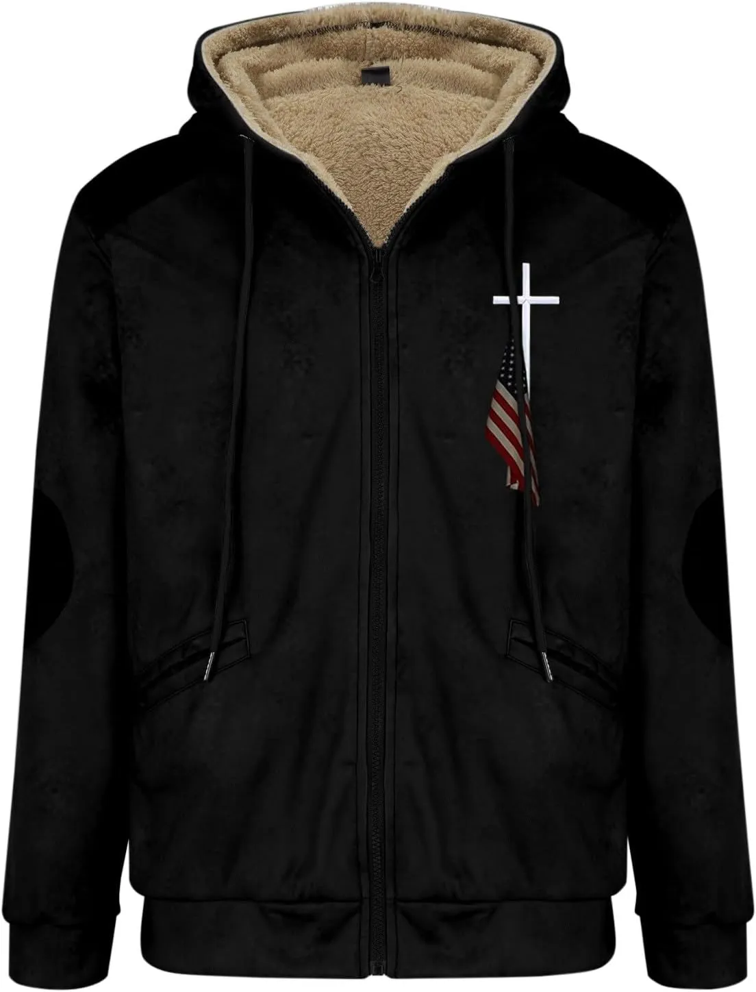 Winter Jacket Men 3D Printed Flag Hooded Brown Zipper Personalized Patch Casual Cotton Jacket Padded Thicken Parka