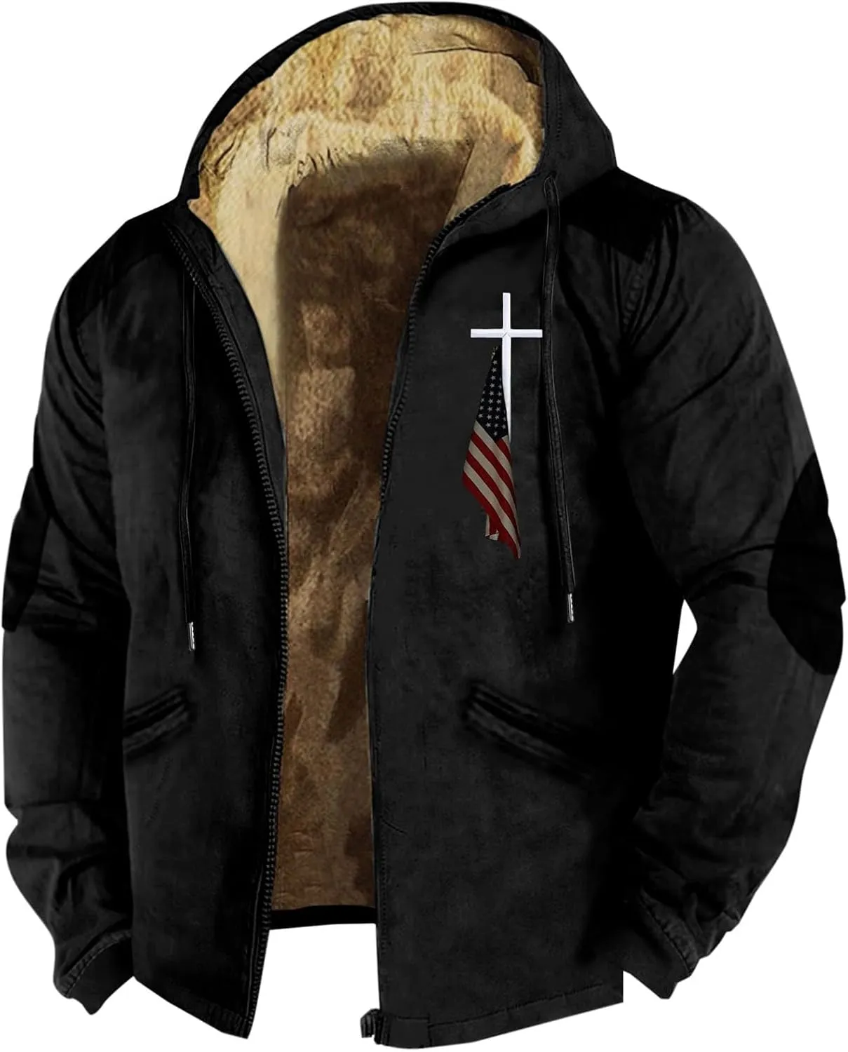Winter Jacket Men 3D Printed Flag Hooded Brown Zipper Personalized Patch Casual Cotton Jacket Padded Thicken Parka
