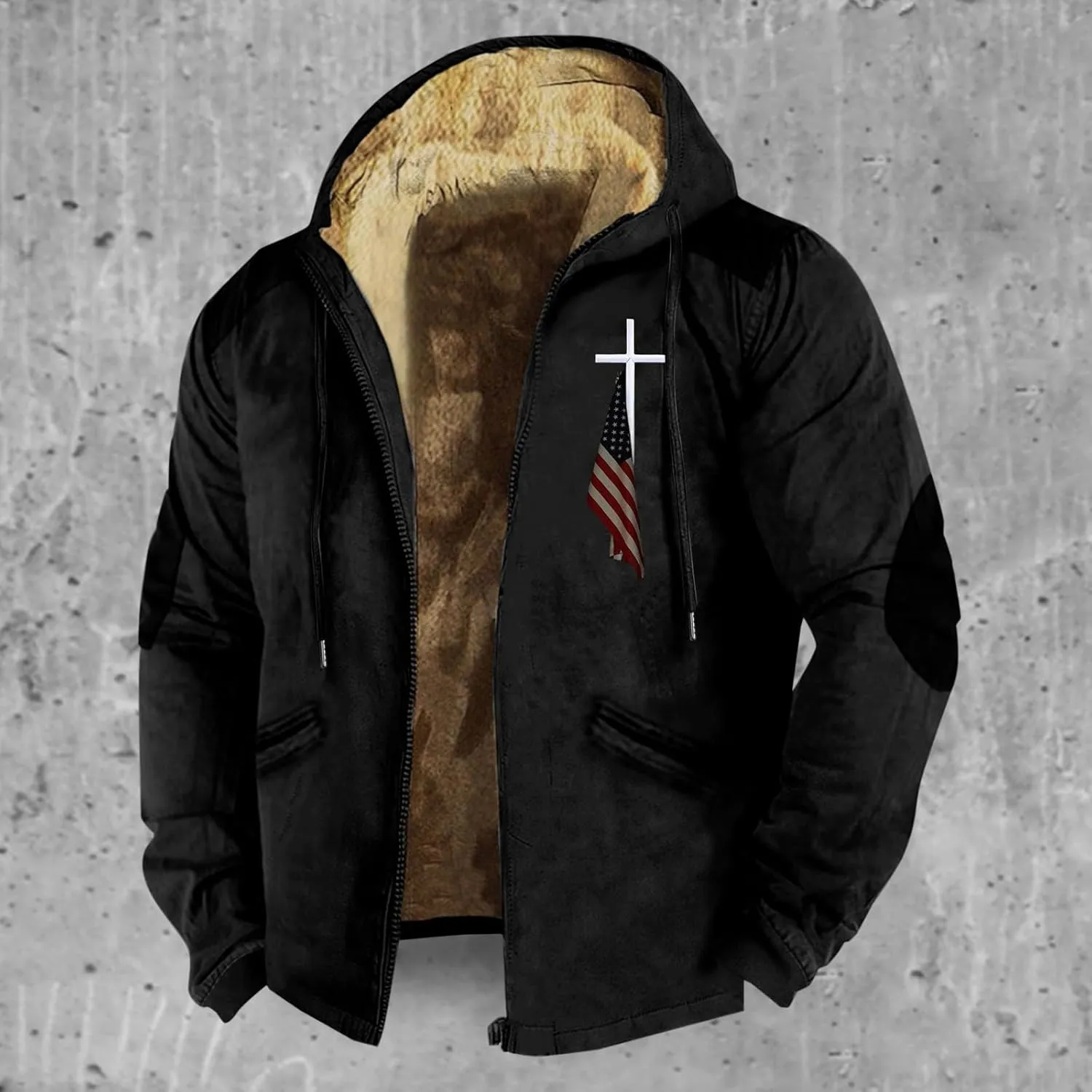 Winter Jacket Men 3D Printed Flag Hooded Brown Zipper Personalized Patch Casual Cotton Jacket Padded Thicken Parka