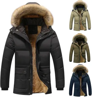 Winter Jacket Men Faux Fur Hooded Jacket Sherpa Lined Warm Coat Puffer Padded Jacket Zipper Outdoor Outwear Thicken