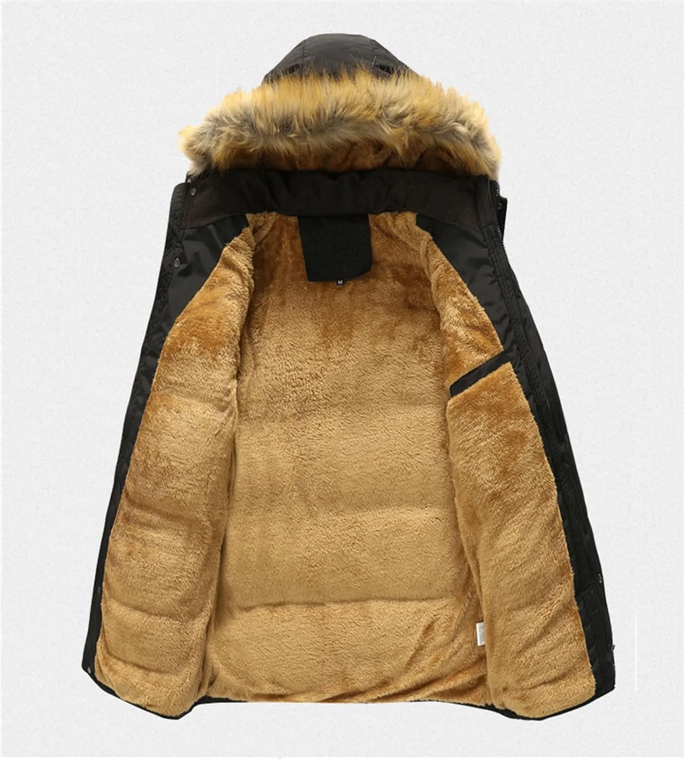 Winter Jacket Men Faux Fur Hooded Jacket Sherpa Lined Warm Coat Puffer Padded Jacket Zipper Outdoor Outwear Thicken