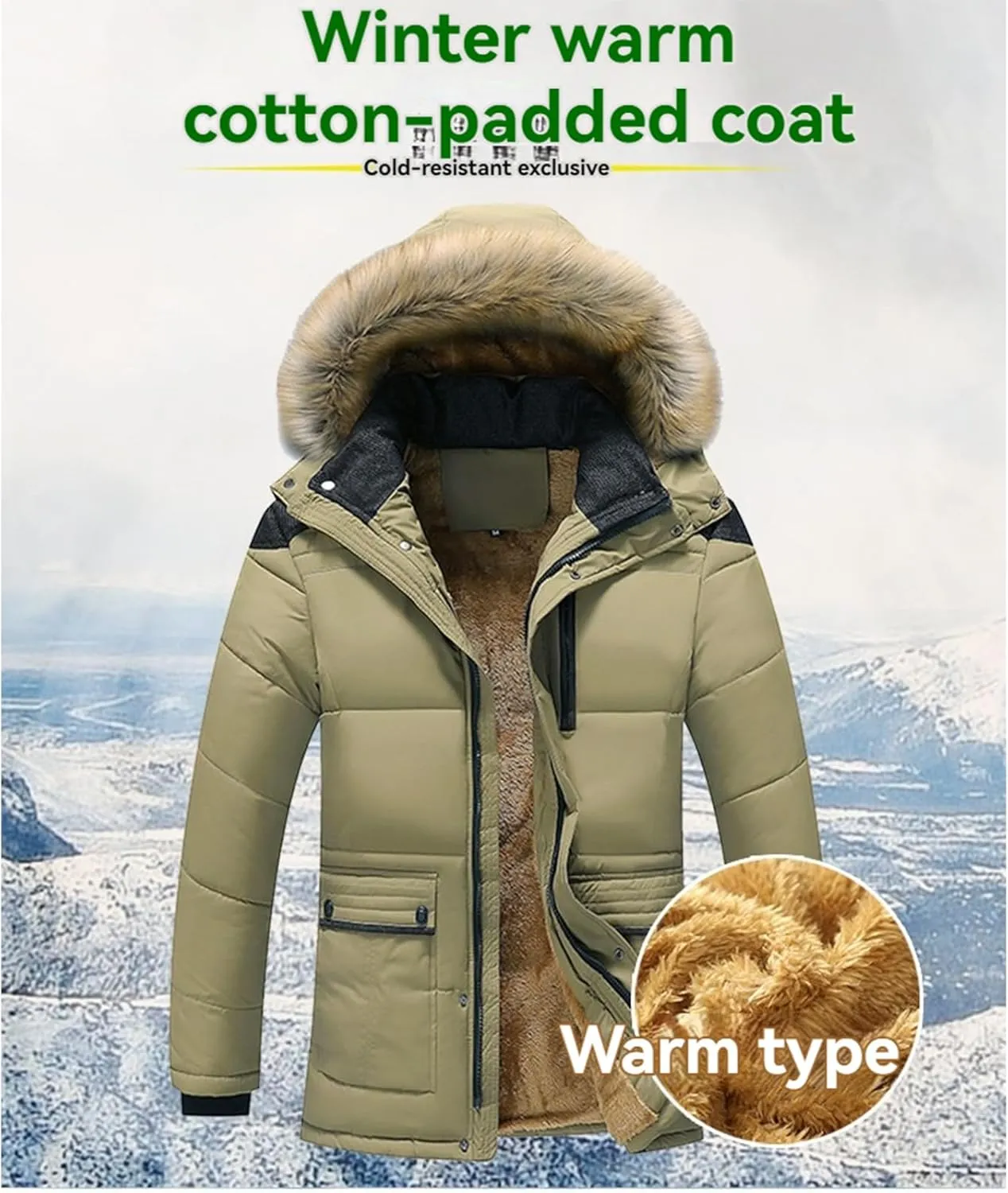 Winter Jacket Men Faux Fur Hooded Jacket Sherpa Lined Warm Coat Puffer Padded Jacket Zipper Outdoor Outwear Thicken
