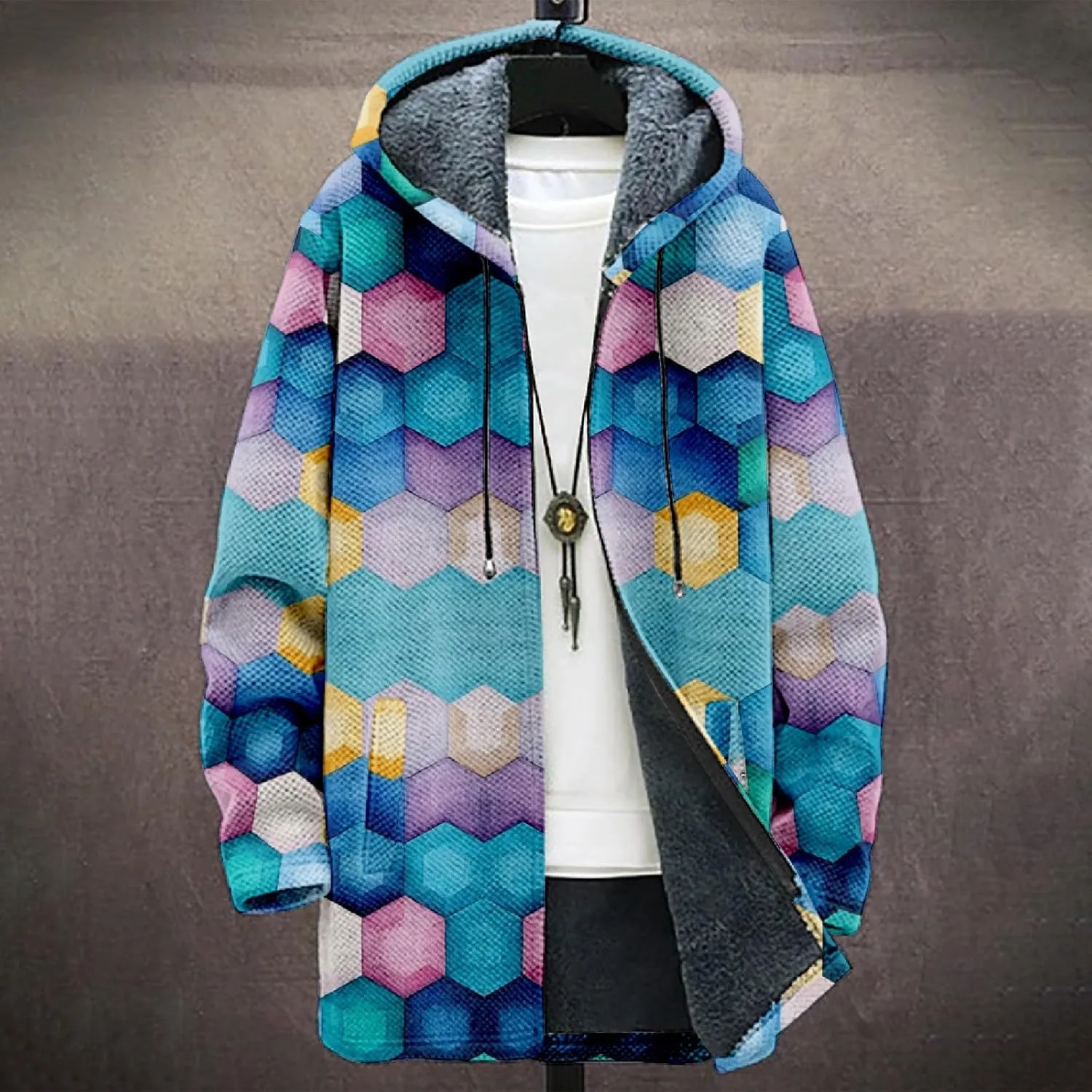 Winter Jackets for Men Thickened Hoodies Long Sleeve Prints Fashion Zip Up Vintage Long Cotton Coats