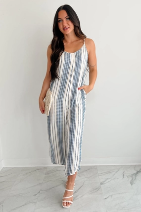 Timeless and Comfortable City Mood Worn With The Wind Sleeveless Striped Jumpsuit (Ivory/ Blue)