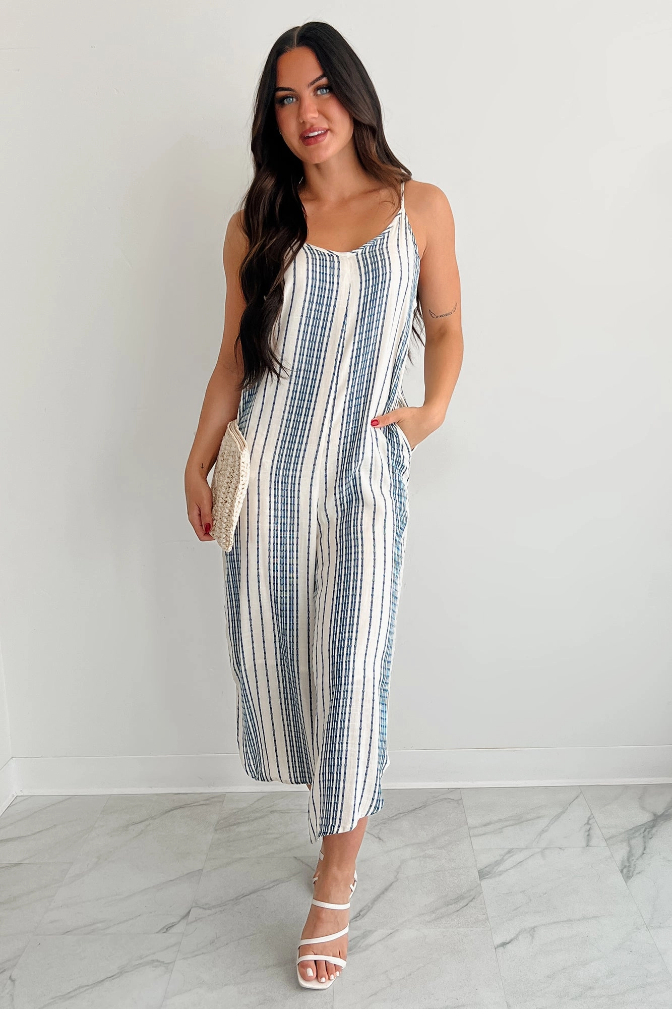 Worn With The Wind Sleeveless Striped Jumpsuit (Ivory/ Blue) Sophisticated Comfort Waist-Cinching