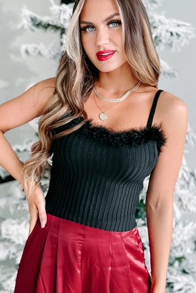 Without Reason Feather Trimmed Sweater Knit Tank Top (Black) Double Needle Stitching