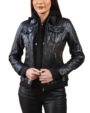 Woman Real Leather Hooded Biker Jacket Soft Lambskin