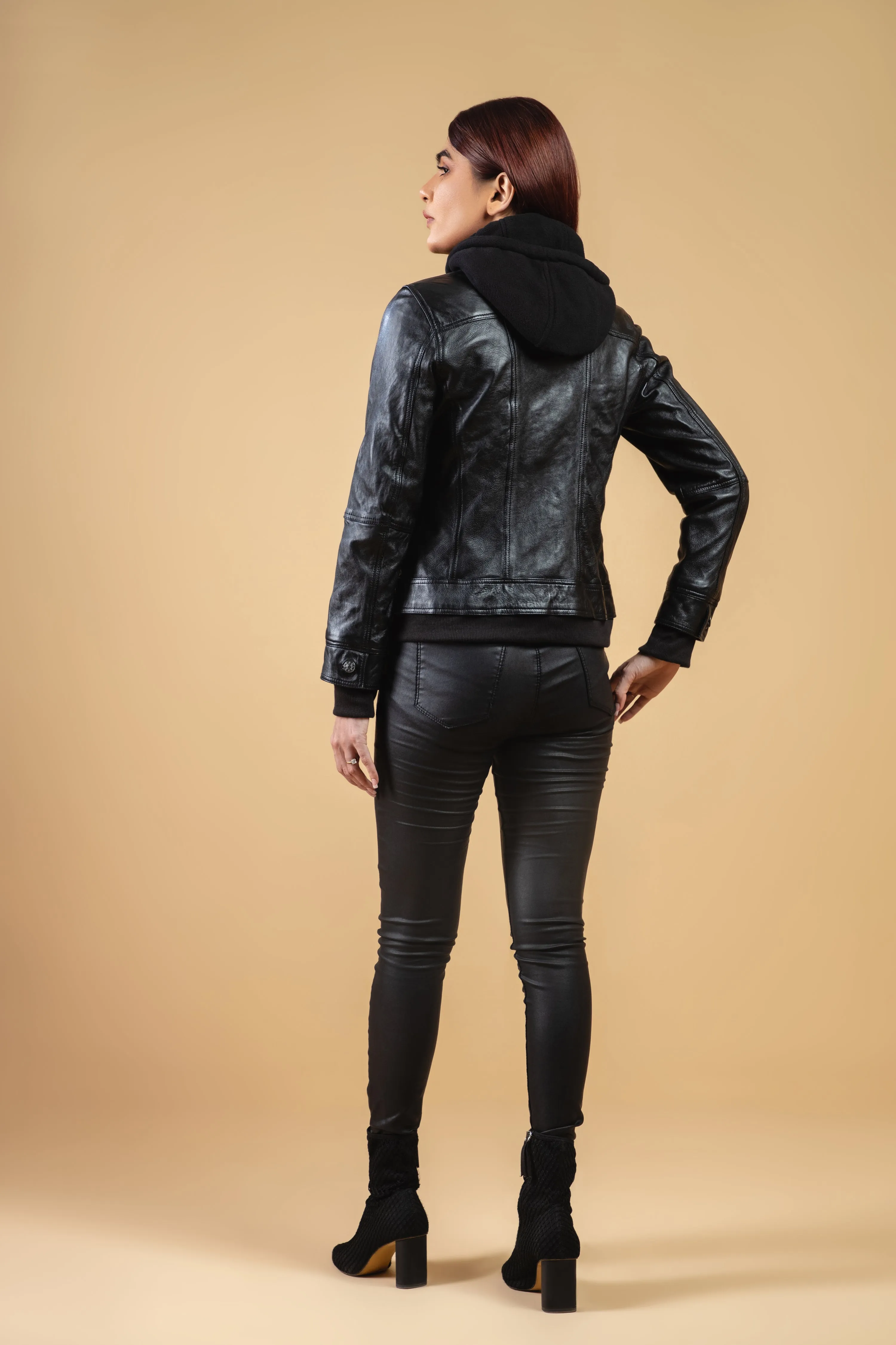 Woman Real Leather Hooded Biker Jacket Soft Lambskin
