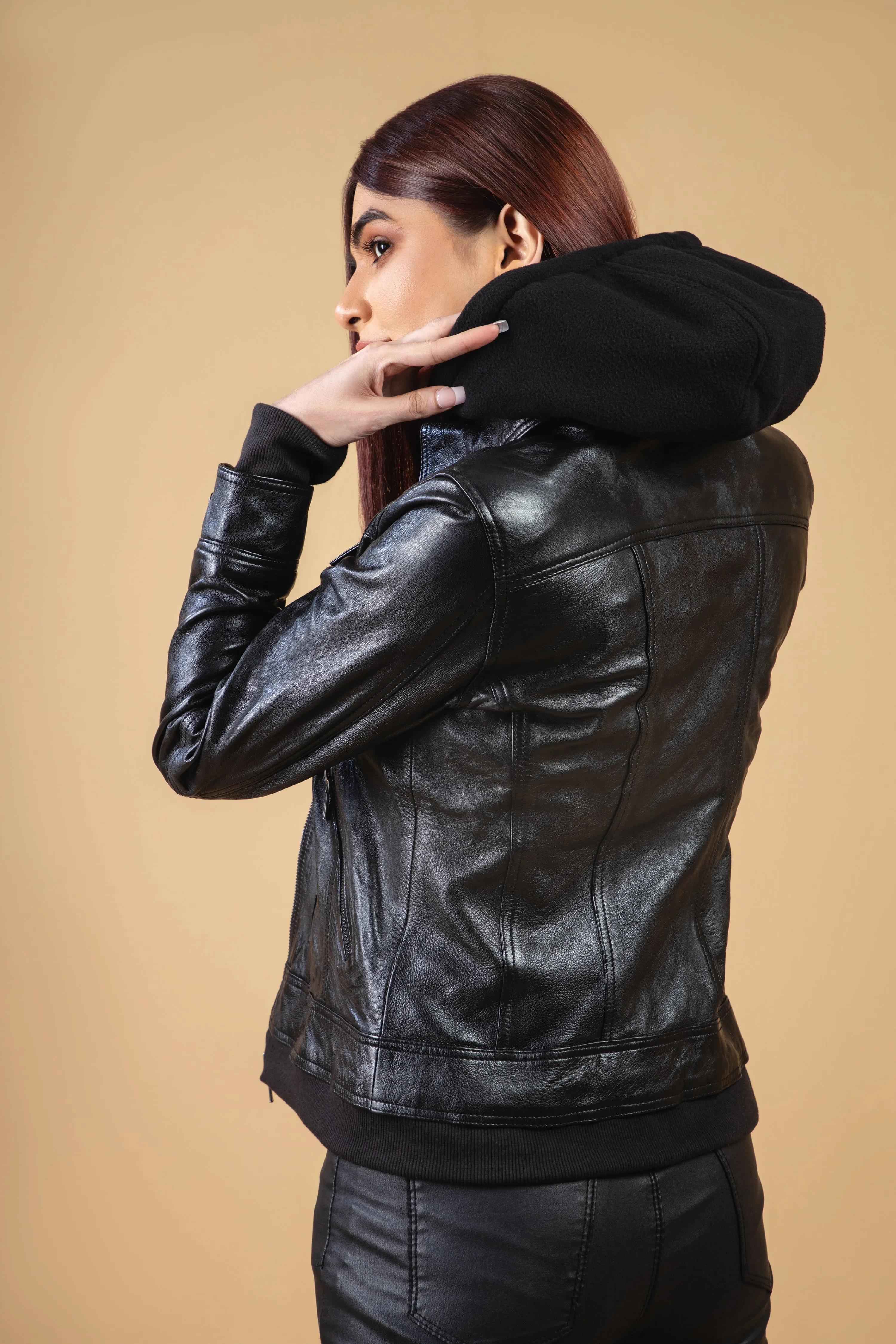 Woman Real Leather Hooded Biker Jacket Soft Lambskin