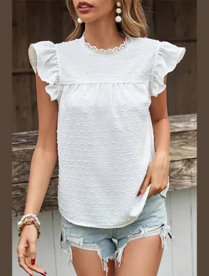 ButtonFront WOMEN ANGEL SLEEVE LACED HIGH NECK SWISS DOT TEE