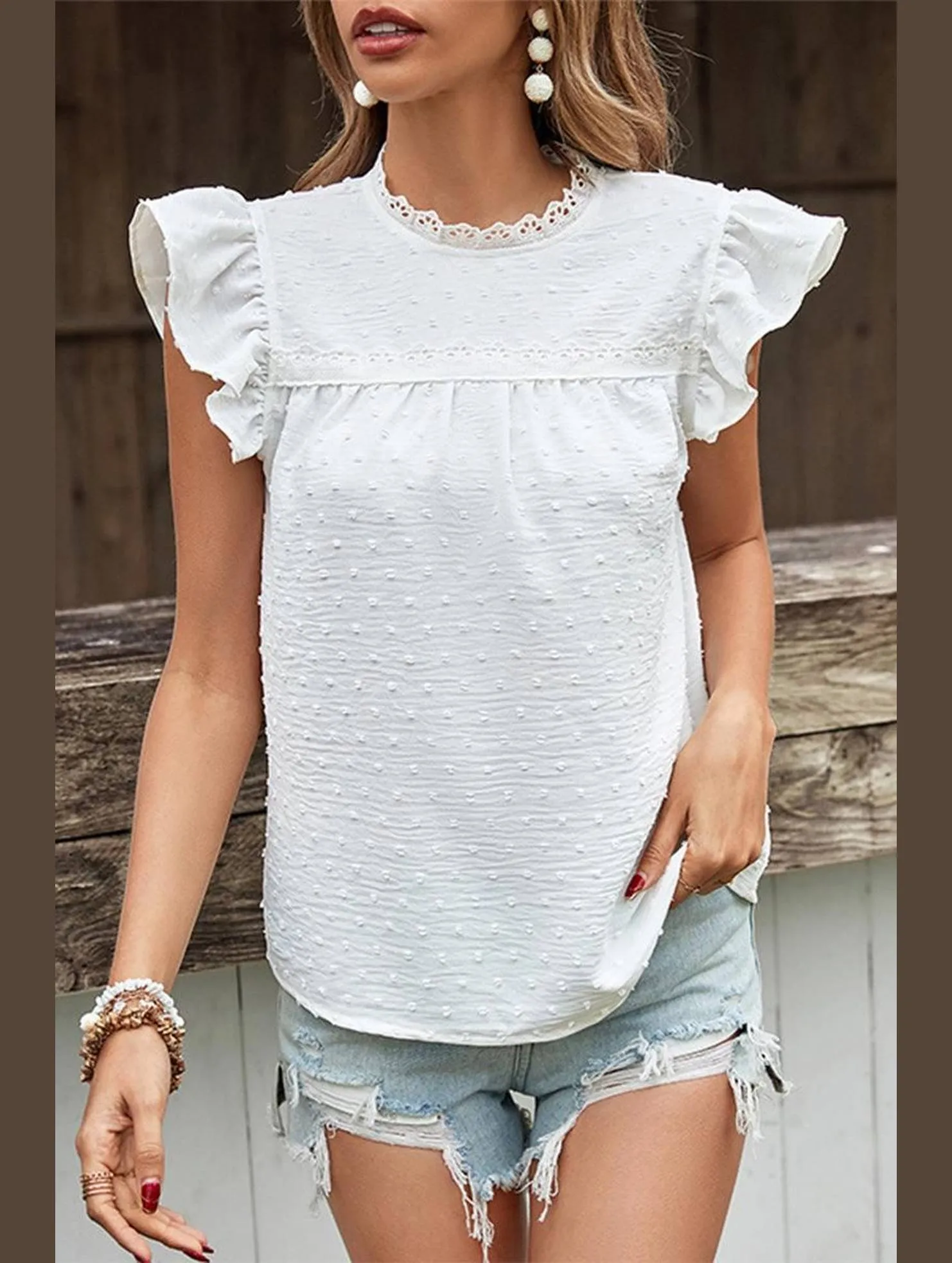 Relaxed Fit Shirt WOMEN ANGEL SLEEVE LACED HIGH NECK SWISS DOT TEE