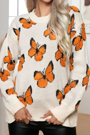 WOMEN BUTTERFLY JACQUARD LOOSE KNIT SWEATER Wear Resistant Fabric
