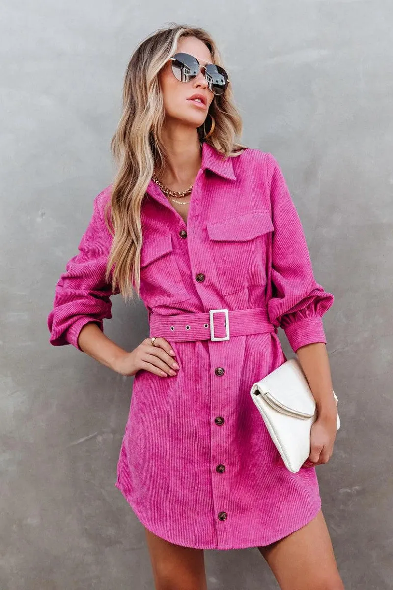 Casual Comfort WOMEN BUTTON DOWN CORDUROY BELTED SHORT DRESS