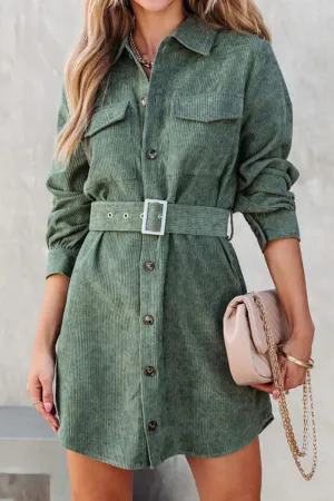 Chic Energy Light Fit WOMEN BUTTON DOWN CORDUROY BELTED SHORT DRESS