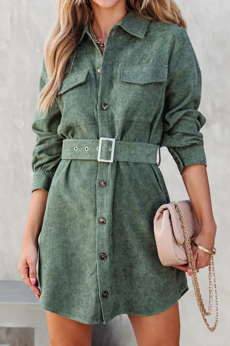 Fashion Option WOMEN BUTTON DOWN CORDUROY BELTED SHORT DRESS
