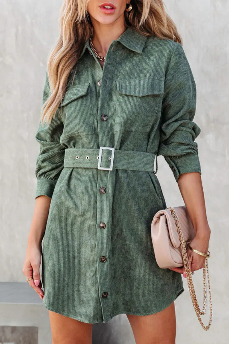 Chic and Cozy Wear Versatile Layers WOMEN BUTTON DOWN CORDUROY BELTED SHORT DRESS