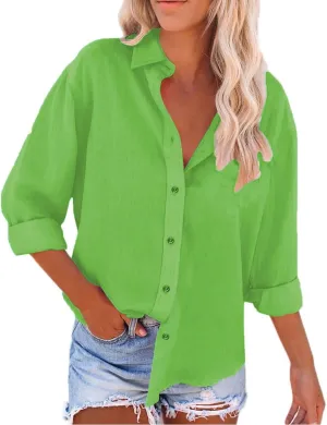 Women Button Down Shirts Linen Shirts for Women with Pockets Long Sleeve Button lounge Baggy Color 2024 Summer