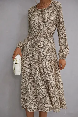 WOMEN BUTTON LACED NECK LEOPARD DRESS Pleat Breeze