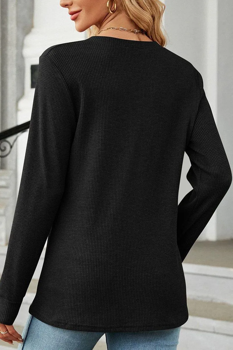 WOMEN BUTTON NECK KNITTED DAILY TOP Yarn Dye Stripe