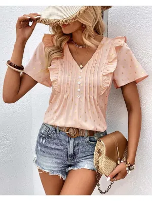 Printed Hoodie WOMEN BUTTONED V NECK RUFFLE SHORT SUMMER T SHIRT
