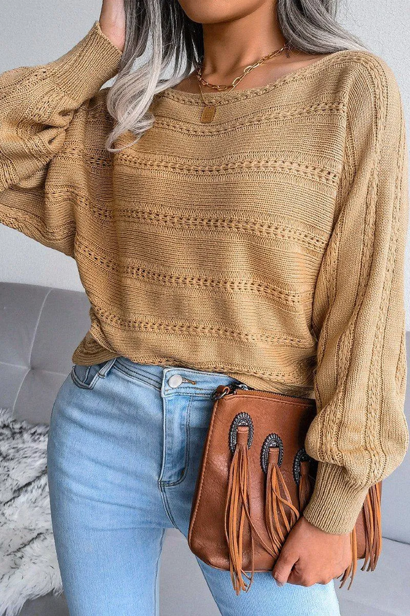 WOMEN CABLE KNIT BOAT NECK OVERSIZED SWEATER Odor Resistant