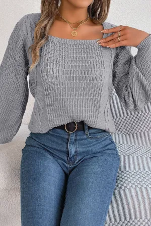 WOMEN CABLE KNITTED SQUARE NECK KNIT SWEATSHIRT Sport Top EcoFriendlyBlend