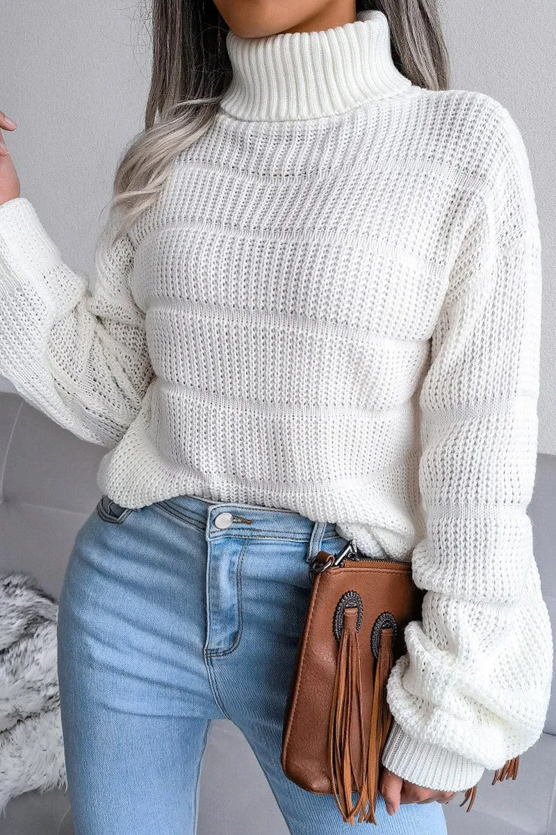 Breathable Knit Fabric WOMEN CABLE KNITTED TURTLE NECK LOOSE FIT SWEATER