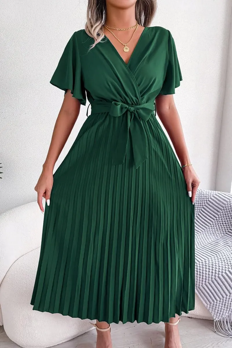 WOMEN CAPE SLEEVE TIED WAIST PLEATED LONG DRESS Soft Tones Jewel Tones
