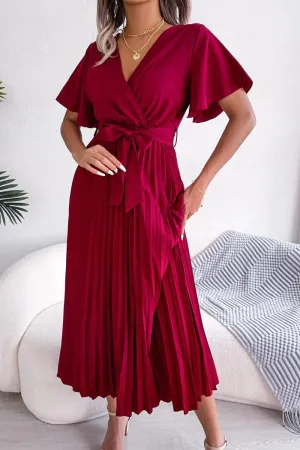 WOMEN CAPE SLEEVE TIED WAIST PLEATED LONG DRESS Comfortable and breathable Casual maxi dress