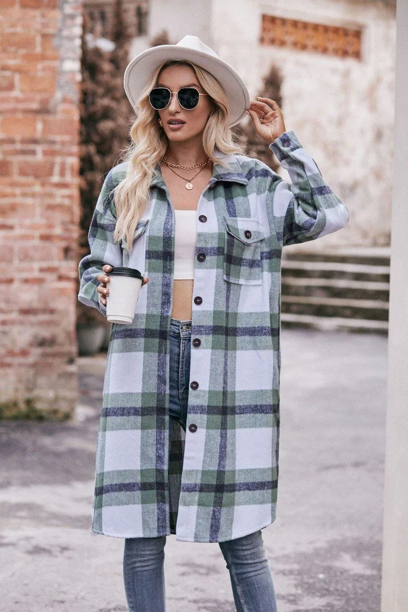 WOMEN CASUAL FLANNEL PLAID LONG BUTTON UP COAT MicrofiberTech