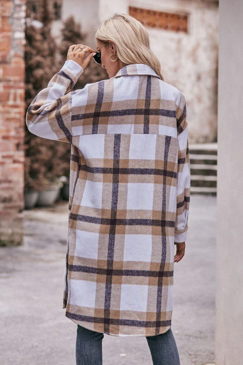 Tear Resistant Fiber Blend Hypoallergenic fabric WOMEN CASUAL FLANNEL PLAID LONG BUTTON UP COAT