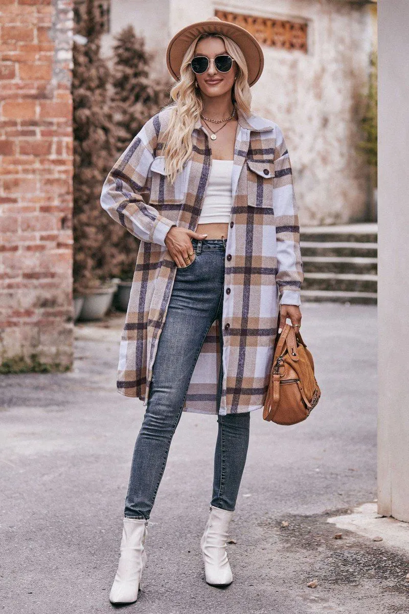 Fade Resistant Dye WOMEN CASUAL FLANNEL PLAID LONG BUTTON UP COAT