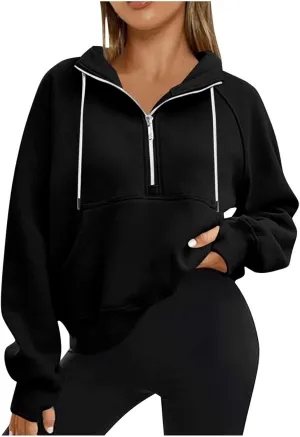 Women Casual Half Zip Sweatshirts 2024 Fall Trendy Long Sleeve Loose Tops Y2K Cropped Pullover Oversized Preppy Clothes