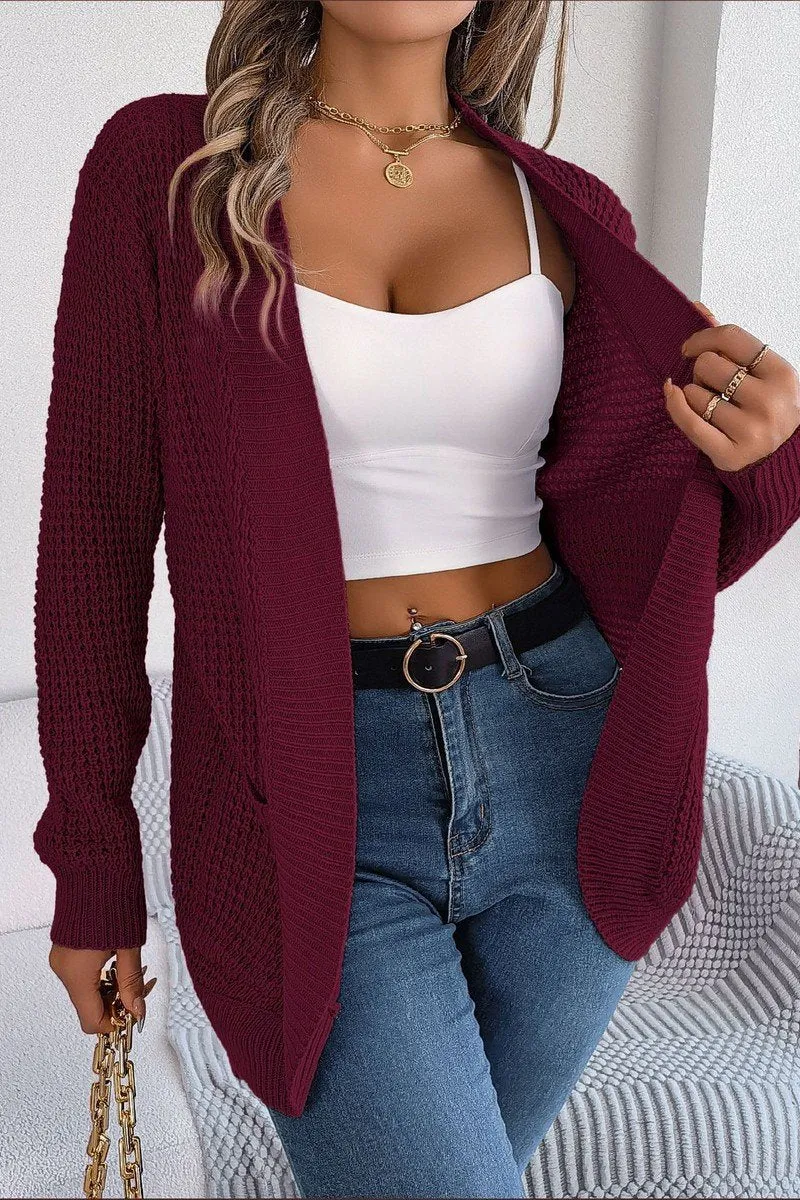 Flexible Material LightweightWeave WOMEN CHUNKY WAFFLE KNIT OPEN FRONT CARDIGAN