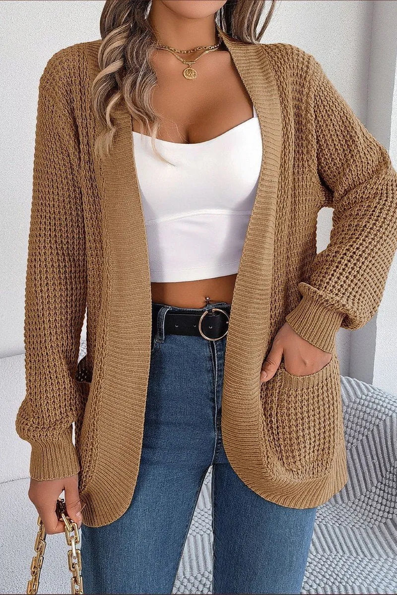 WOMEN CHUNKY WAFFLE KNIT OPEN FRONT CARDIGAN Erasable Surface Coating