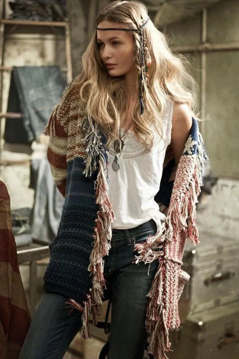 WOMEN CONTRASTING STAR STRIPE FRINGE KNIT CARDIGAN100% POLYESTERSIZE S(2)-M(2)-L(2)-XL(2)MADE IN CHINA Regular Fit