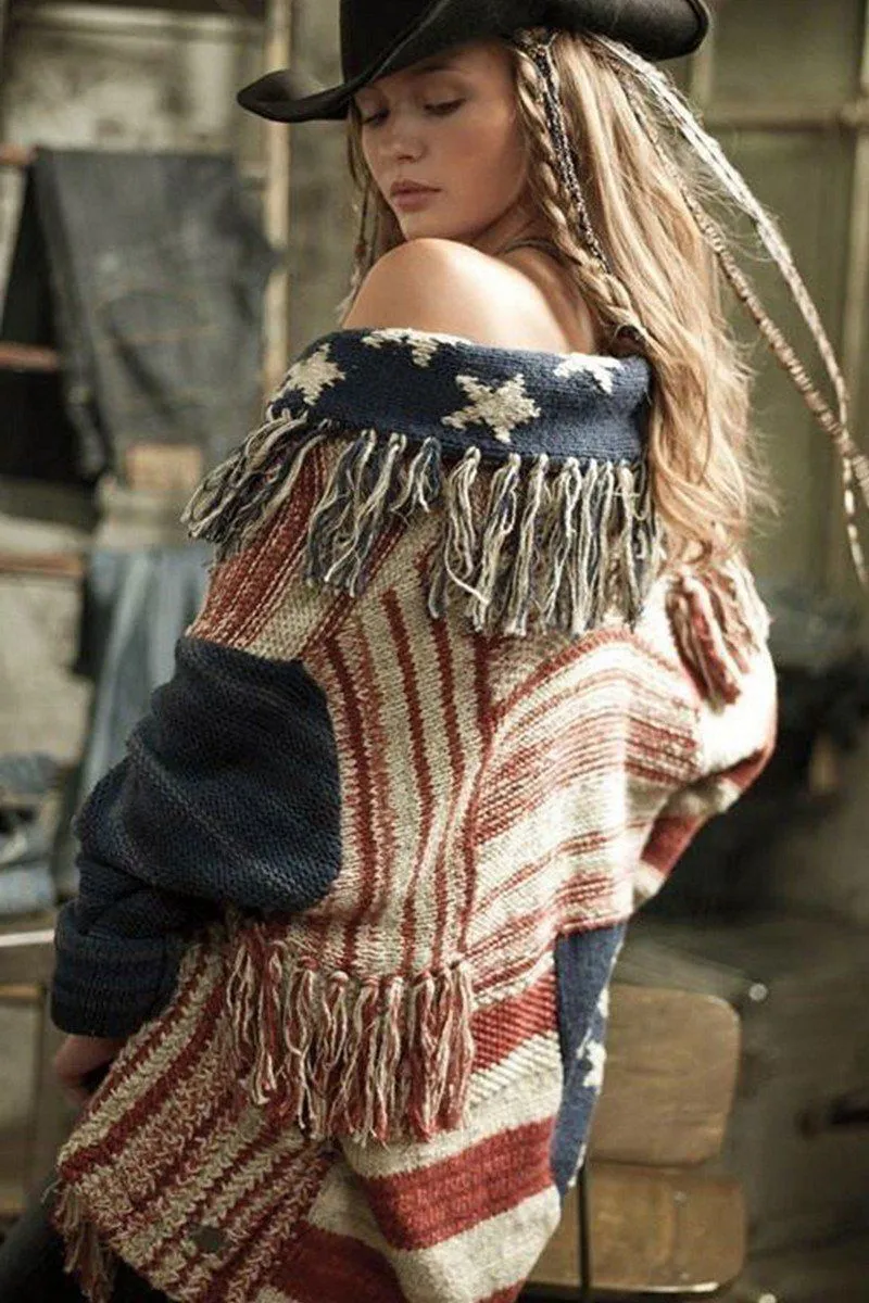 Anti Odor Treatment WOMEN CONTRASTING STAR STRIPE FRINGE KNIT CARDIGAN100% POLYESTERSIZE S(2)-M(2)-L(2)-XL(2)MADE IN CHINA