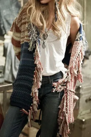 WOMEN CONTRASTING STAR STRIPE FRINGE KNIT CARDIGAN100% POLYESTERSIZE S(2)-M(2)-L(2)-XL(2)MADE IN CHINA Office Look