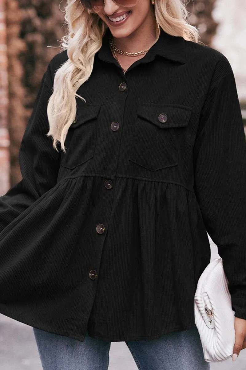 WOMEN CORDUROY BUTTON UP SHIRTS WITH POCKETS Formal Wear High Density Knit