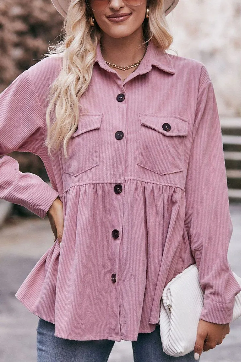 Quick Access Slit WOMEN CORDUROY BUTTON UP SHIRTS WITH POCKETS