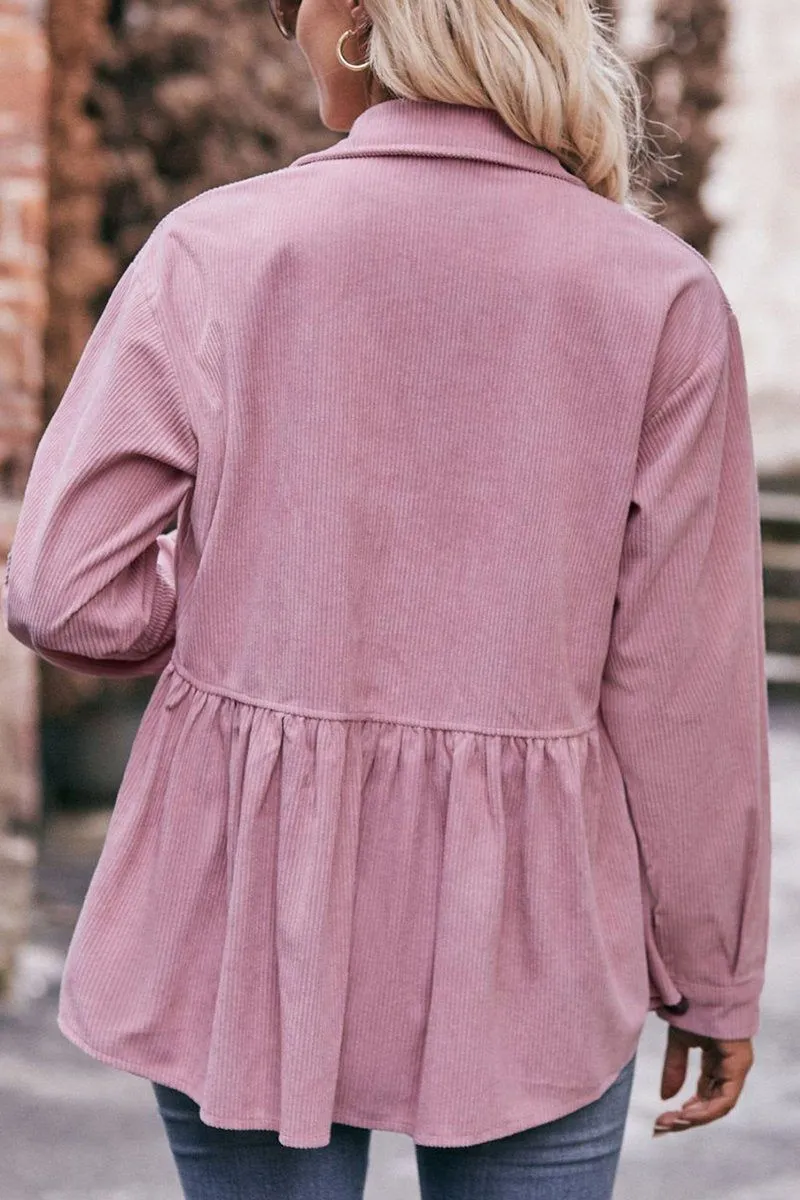 WOMEN CORDUROY BUTTON UP SHIRTS WITH POCKETS Sporty Hoodie Double Layered Fabric